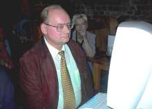 Ceslovas Jursenas - the leader of the main oppositional party in Lithuania. Observing the match on the computer