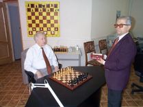 Vassily Smyslov at the board before the Rebel match.